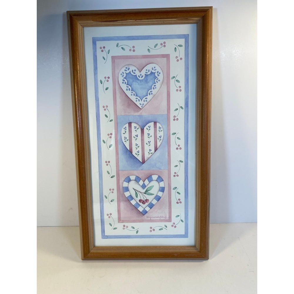 Vtg 1980s Hearts Pastels Framed Print By Virginia Welytok Granny Country Cottage